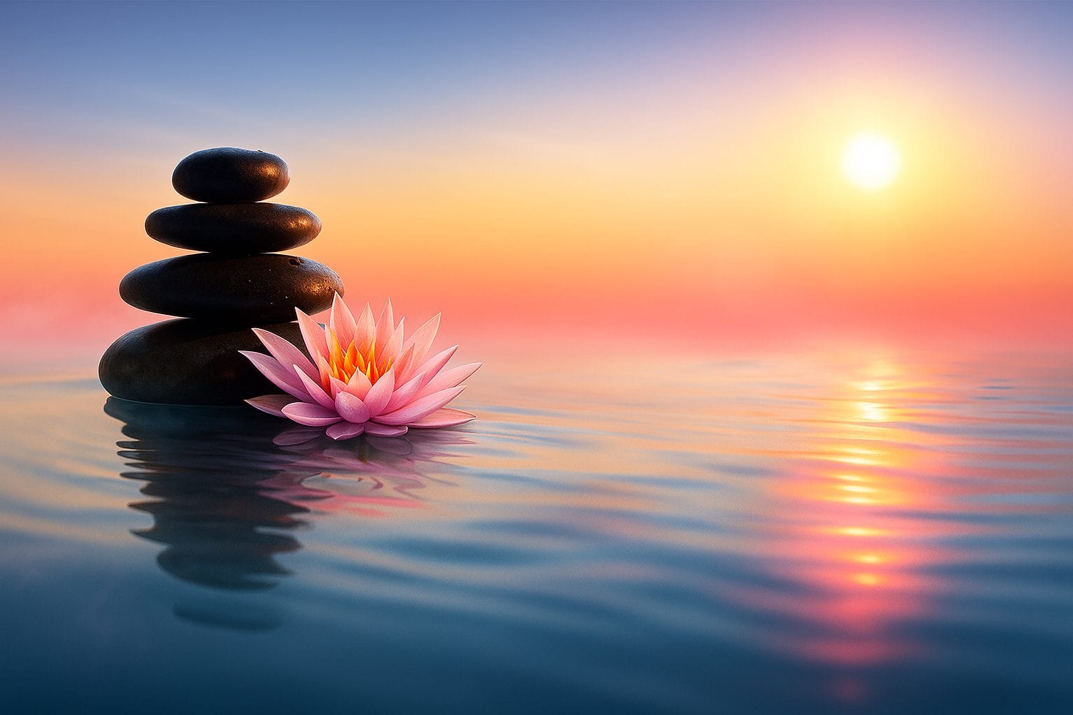 Stones and lotus on water at sunset